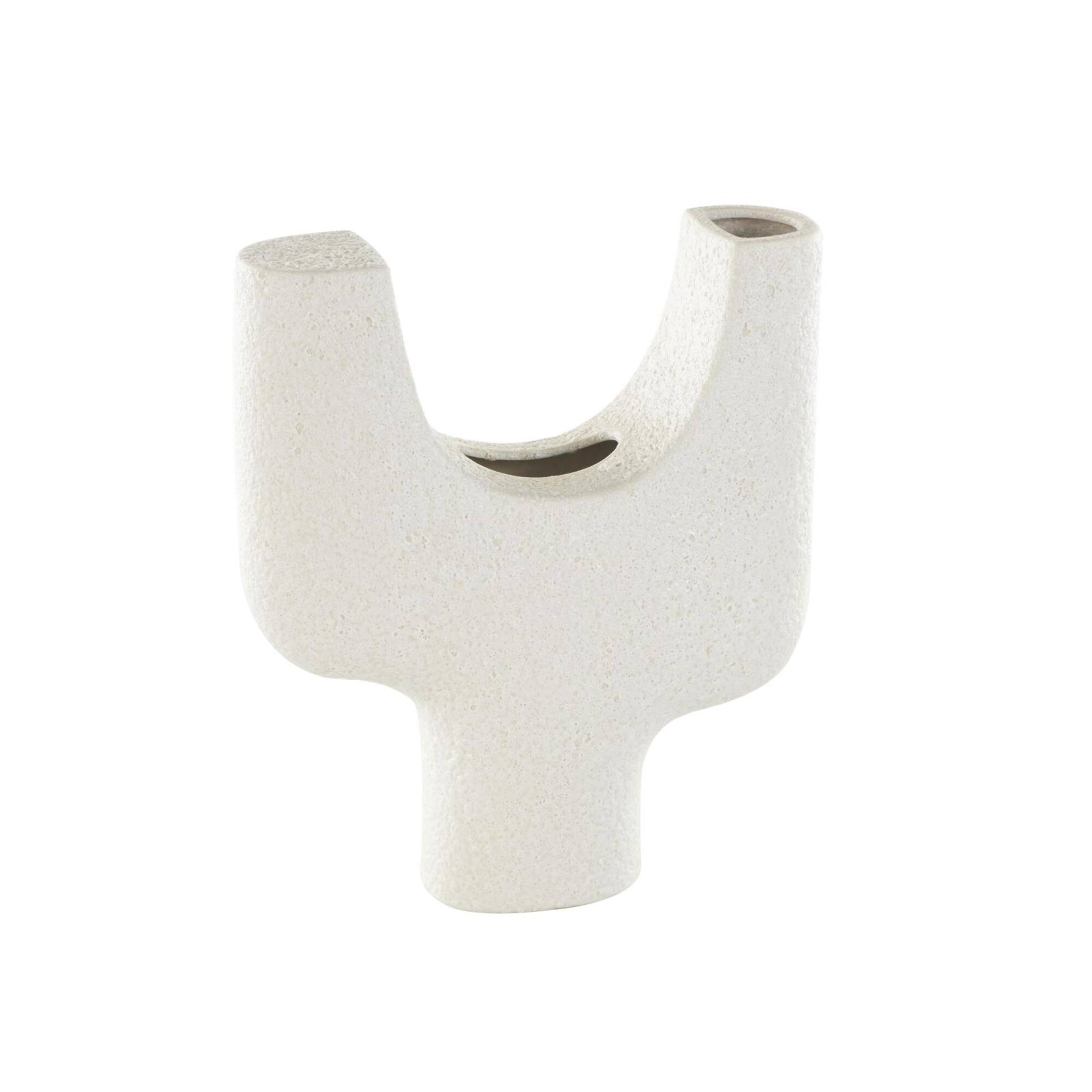 14" Speckled White Abstract Curved Ceramic Vase with Dual Openings